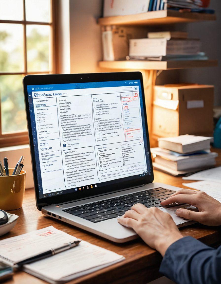 A visually engaging scene featuring an open laptop displaying a digital journal interface, surrounded by postal service elements like letters, stamps, and a vintage postal scale. In the background, an enthusiastic person writes in a journal, symbolizing personal growth and career advancement. Bright colors convey optimism and opportunity, with light rays illuminating the scene. super-realistic. vibrant colors.