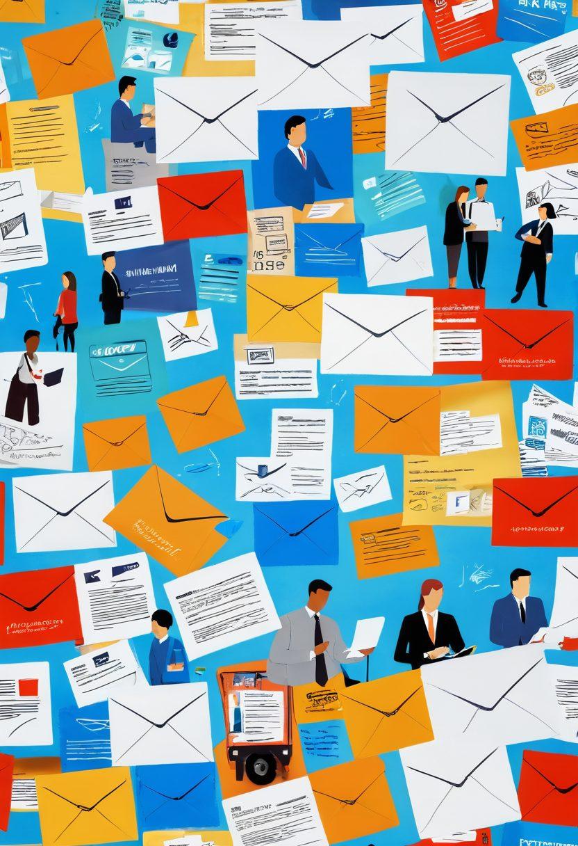 A dynamic collage depicting various professionals engaged in mailing tasks, with a backdrop of job openings and career advancement symbols like upward arrows and briefcases. Include elements like envelopes, a postal service vehicle, and a digital screen showcasing job listings. The scene should convey a sense of progress and opportunity in the mailing industry. bright colors. super-realistic.