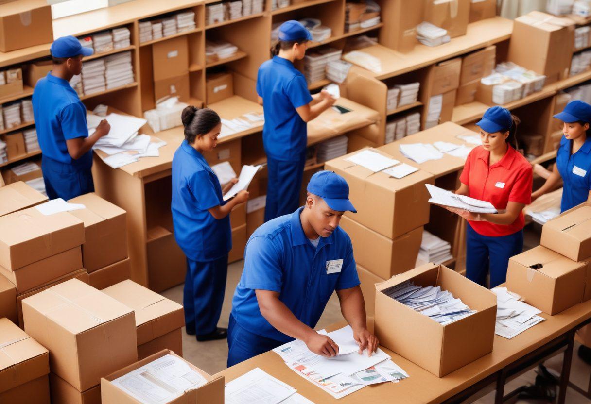 A diverse group of postal workers in uniforms, engaged in various tasks like sorting mail, delivering packages, and assisting customers. Show a busy post office backdrop with postal equipment, letters, and packages. Incorporate motivational elements like charts or books about job resources on a table. The scene should convey teamwork and dedication in the postal industry. vibrant colors. super-realistic.